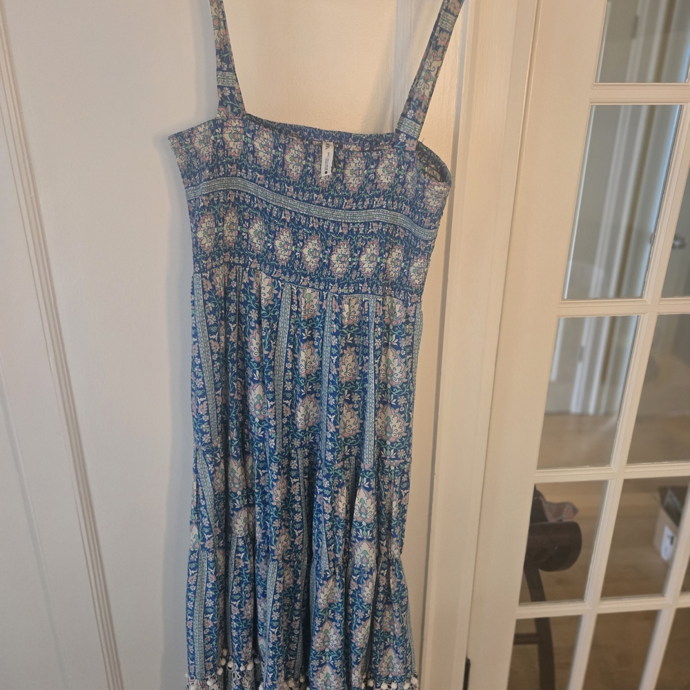 Zara Blue Floral Tiered Maxi Dress with Spaghetti Straps and Ruching